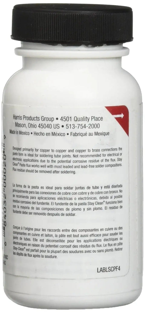 Stay Clean Paste Soldering Flux 4 Oz Jar label view showing manufacturer details and usage instructions.