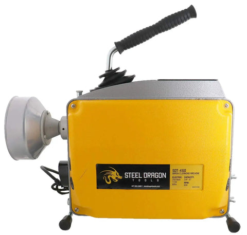 Heavy Duty K60 Drain Cleaning Machine With Auto Feed Mechanism And 250 Watt Motor, yellow metal body with handle for pipe clog removal.