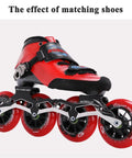 Inline Skate Wheel Set Eight Pack 90mm 100mm 110mm Replacement Wheels For Rollerblade PU Single Row 85A Hardness Black 24mm Width Smooth Grip Fast Ride shown on rollerblade with red boot.