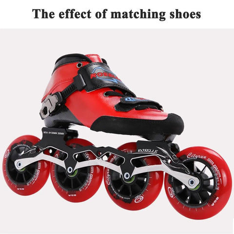 Inline Skate Wheel Set Eight Pack 90mm 100mm 110mm Replacement Wheels For Rollerblade PU Single Row 85A Hardness Black 24mm Width Smooth Grip Fast Ride shown on rollerblade with red boot.