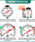 Diagram showing stainless steel liquid filled pressure gauge back mount built tough for water oil and air testing with carabiner usage.