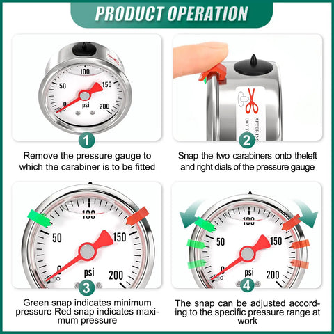 Diagram showing stainless steel liquid filled pressure gauge back mount built tough for water oil and air testing with carabiner usage.
