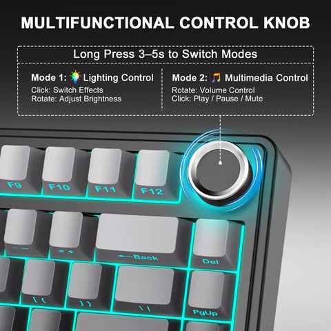 Top Notch 75 Percent Wireless Mechanical Keyboard Featuring Gasket Mount Build Hot Swappable Switches with multifunctional control knob.