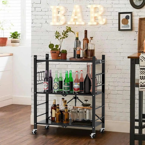 3 Tier Foldable Metal Storage Shelves With 6 Hooks And Wheels, Rolling Cart Organizer in kitchen with bottles and plants