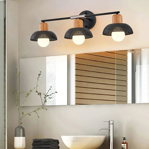 Industrial Three Light Bathroom Vanity Light With Wood Accent And Perforated Pattern Metal Shade, Wall Mount, E26 Base, Matte Black Finish, Dope Modern Farmhouse Vibe For Powder Room Or Hallway
