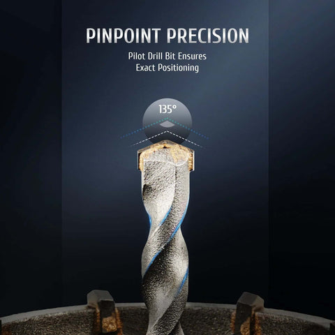 ZELCAN hole saw drill bit front view showing 135° precision indicator and blue spiral flutes