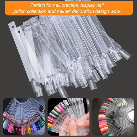 50 Piece Nail Swatch Sticks With Ring and Numbered Tips, Clear Fan Display for Nail Art Practice, Easy Color Swatch Organizer
