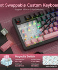 Q87 Tri Mode Wireless Gaming Mechanical Keyboard Serving Bluetooth And Two Point Four Gigahertz Links Fast Hot Swap Switches With Fiery Rgb Backlighting And Slick Dark Sweetie Drip detail showing hot swappable switches and RGB lighting.
