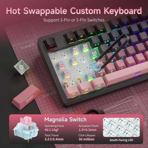 Q87 Tri Mode Wireless Gaming Mechanical Keyboard Serving Bluetooth And Two Point Four Gigahertz Links Fast Hot Swap Switches With Fiery Rgb Backlighting And Slick Dark Sweetie Drip detail showing hot swappable switches and RGB lighting.