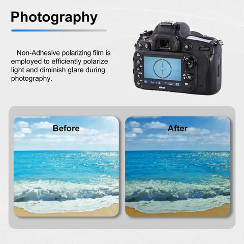 Non Adhesive A4 Polarizing Film Sheets 7.8x11.8 Inch Polarized Filter improving sea photography by reducing glare in before and after images.