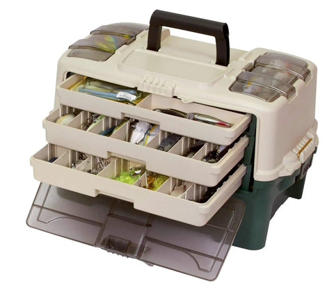 Hybrid Hip Tackle System On The Go Tackle Storage With Removable Drawers White And Green Fits StowAway Utility Boxes Premium Fishing Gear Organizer For Anglers, loaded with tackle and gear, open view