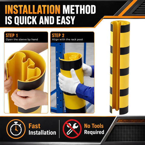 Installation steps for Heavy Duty Forklift Column Protectors Built Tough For Rough Warehouses, High Visibility PVC Rack Guards.