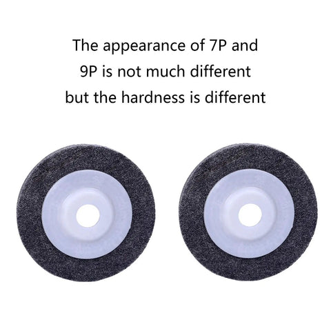 Image of two 4 Inch Nylon Fiber Polishing Wheels for 100mm angle grinders, showcasing anti-clog design and varied hardness levels.