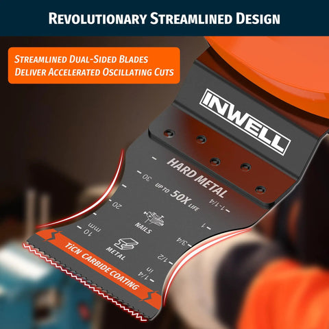Built Different 3 Piece TiCN Carbide Oscillating Multi Tool Blade Set with dual-sided design for cutting embedded screws and nails.