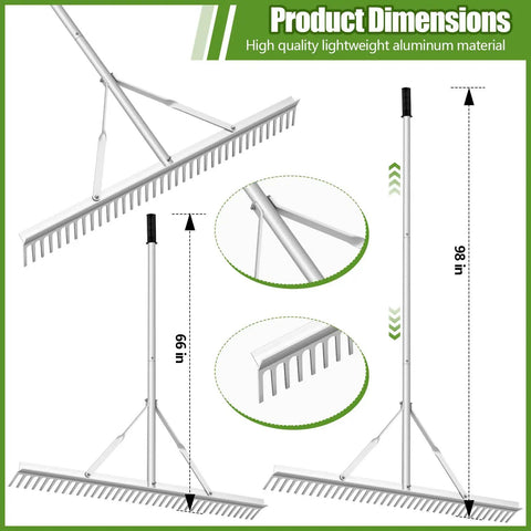 Product dimensions of Aluminum Maintenance Rake With Adjustable 66 To 98 Inch Handle, 36 Inch Lawn And Garden Landscape Rake for Yard Care