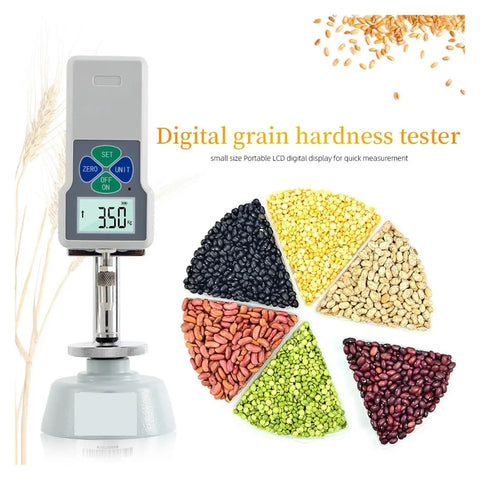 Real Deal Digital Grain Hardness Tester And Sclerometer Durometer Machine with LCD, testing various grains like beans and oats.
