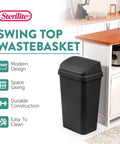 4 Pack Swing Top Wastebasket Set In Black, sleek, 13 gallon trash can next to kitchen island, modern design, space-saving.