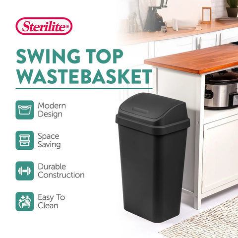 4 Pack Swing Top Wastebasket Set In Black, sleek, 13 gallon trash can next to kitchen island, modern design, space-saving.