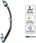 Dry Snorkel With Instant Seal Float For Splash Safe Breathing And Leak Blocking Design Great For Open Water Fun Easy Breathing No Sweat Dives Beach Days Pool Training And Underwater Adventures, with features highlighted including dry top, purge valve, and replaceable mouthpiece, designed in Italy.