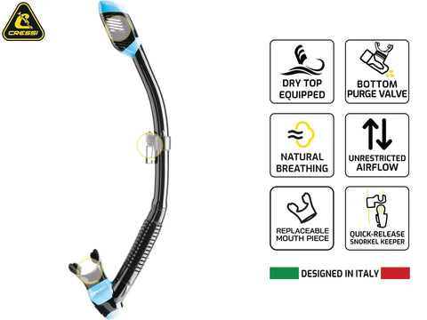 Dry Snorkel With Instant Seal Float For Splash Safe Breathing And Leak Blocking Design Great For Open Water Fun Easy Breathing No Sweat Dives Beach Days Pool Training And Underwater Adventures, with features highlighted including dry top, purge valve, and replaceable mouthpiece, designed in Italy.