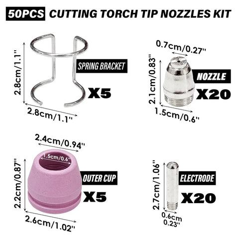 50 Piece Plasma Cutter Torch Consumables Kit With Storage Box Includes Nozzles Electrodes Shielding Cups And Wire Feeders For AG60 WSD60 BTC500DP Compatible For DIY Metal Fabrication components diagram
