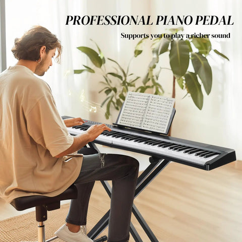 Musician playing a Foldable 88 Key Electronic Keyboard Piano With Portable Bag, Pro Pedal, Stereo Headphones, And Bluetooth MIDI Function.