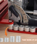 Close-up of Beefy Offset Base System With Parallel Guide For Woodworking, showing adjustable angle gauge and size adapters.