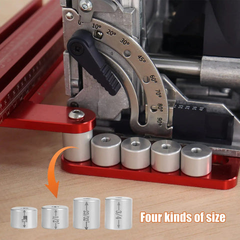 Close-up of Beefy Offset Base System With Parallel Guide For Woodworking, showing adjustable angle gauge and size adapters.