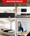 Bright White Sixteen Point Four Foot Dimmable LED Strip Lights Flexible Rope Kit For Kitchen Cabinets Mirrors Bedrooms And Party Decor 12V With 6500K SMD2835 LEDs High CRI For A Clean White Glow That Is Totally Lit showcasing multifunctional use in kitchens, bedrooms, and vanity mirrors.