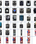 Top Shelf 35 In One Electronic Sensor Module Quickstart Box with various sensors for DIY Arduino and Raspberry Pi projects.
