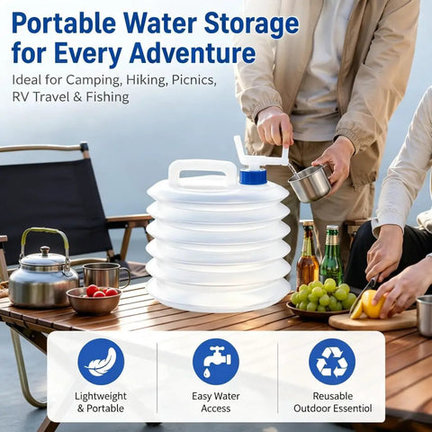 Go-To Collapsible Water Container With Spigot For Travel And Camping on table with fruit and bottles outdoors