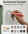 Hand using Workhorse Carpenter Pencil Set With Case, 11 Pack, Includes 2.8mm Solid Pencils With 24 Refills for marking surfaces