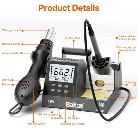 2-In-1 Soldering Iron And Hot Air Rework Station For Electronics DIY with digital display, tool holders, and dual switches.