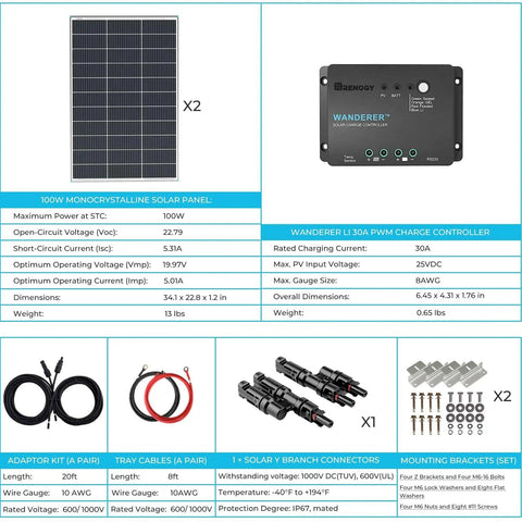 Diagram showing 200 Watt Solar Panel Kit With Two 100W Panels And 30A PWM Charge Controller For RVs Boats Trailers Campers Off Grid Living