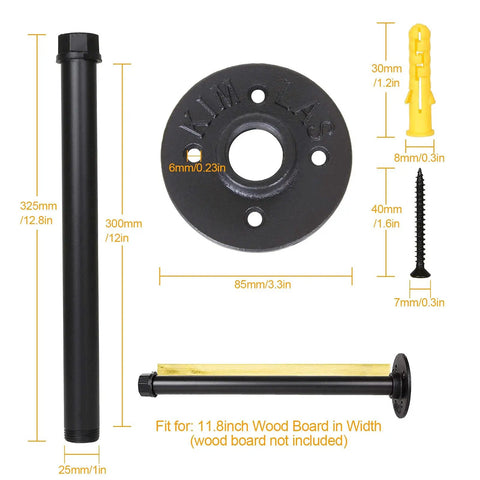 Components of Six Pack Heavy Duty Industrial Pipe Shelf Brackets Designed For Quick Install Floating Wall Supports, including steel pipes and wall mount.