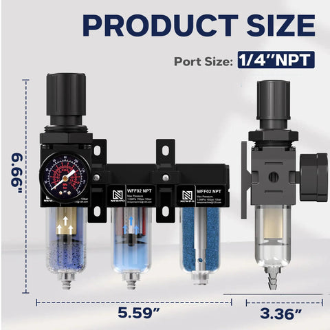 One Quarter Inch NPT Three Stage Pro Grade Air Compressor Water Separator With Filter Regulator Combo Desiccant Dryer