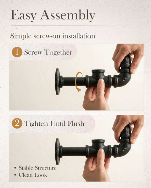 Hands assembling Three Quarter Inch Cast Iron Pipe Fittings Set 30 Piece Kit With Ten Elbows Ten Tees And Ten Flanges Built For Diy Projects.