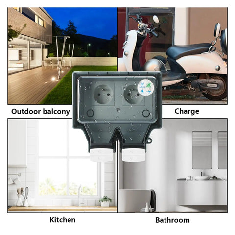 Smart Dual WiFi Socket With IP66 No Sweat Weather Shield For Indoor Outdoor Power on heavy-duty wall mount.