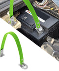 Rock Solid Heavy Duty Car Battery Carrier Strap Green Universal Hold Down Belt With Durable Synthetic Fiber Rope for secure mounting on a car battery.