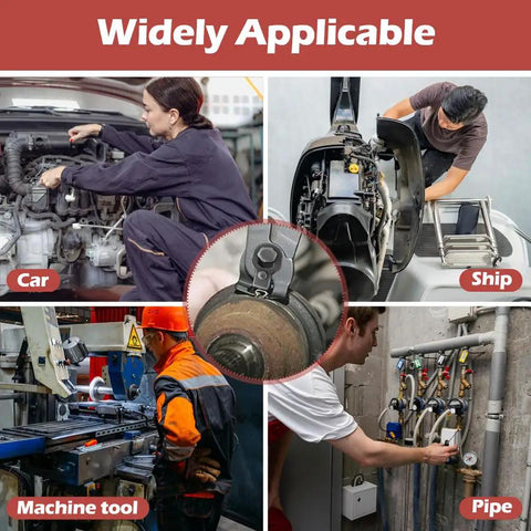 Collage image showing auto, ship, machine, and pipe applications for Adjustable CV Boot Clamp Tool Set 10 Pack With Integrated Cutter.