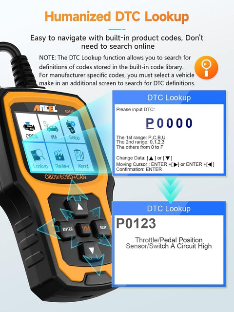 All In One OBD2 Scanner And Code Reader For Check Engine Light Fault Codes Quick Diagnosis On All OBD2 Cars 1996 And Newer With Wide Vehicle Compatibility And CAN Support showing DTC lookup screen