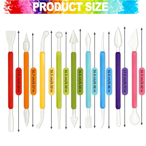 Air Dry Clay Tool Set For Kids And Beginners, Plastic Sculpting Tools Kit showing 9-piece tool sizes with colorful handles