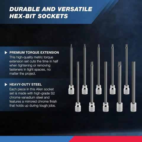Three Eighths Inch Drive Extra Long Allen Hex Bit Socket Set, Ten Piece, Metric Sizes From Three To Ten Millimeters, Six Inch Shaft Length