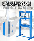 12 Ton Hydraulic Shop Press With Adjustable Table Heavy Duty Steel H Frame For Auto Repair showing stable H-framed construction and heavy-duty springs.