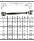 Top Shelf 304 Stainless Steel Marine Turnbuckle Jaws Swivel Rigging Screws with size chart for heavy duty applications.