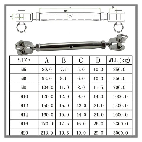 Top Shelf 304 Stainless Steel Marine Turnbuckle Jaws Swivel Rigging Screws with size chart for heavy duty applications.