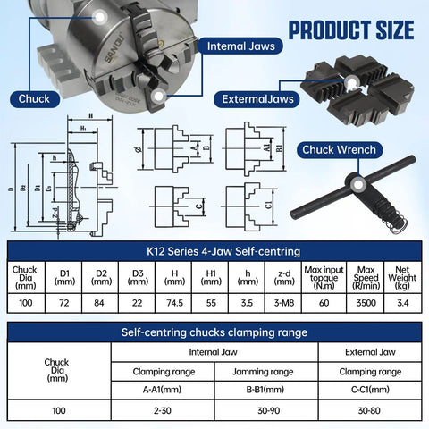 Fourth Axis Rotary Table For CNC Milling And Engraving With 100mm Four Jaw Chuck MT2 Tailstock 65mm Reduction Six To One Aluminum Base 210x168x115mm Dividing Head For Precise CNC Router