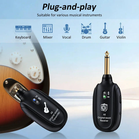 2.4GHz Wireless Guitar Transmitter And Receiver System For Electric Guitar And Bass, Ultra Low Latency Under 4ms, plug-and-play display
