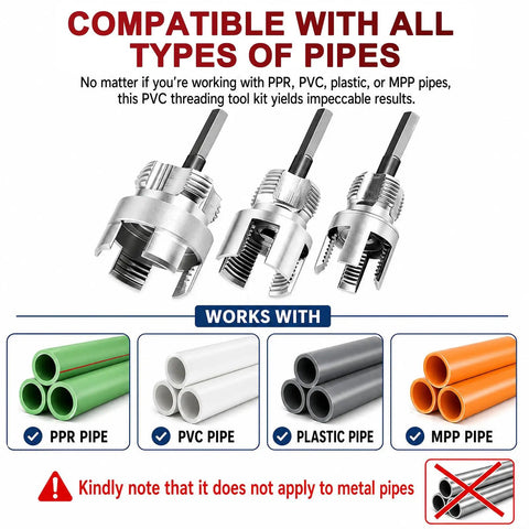 Adastone High Carbon Steel Pipe Threader Kit With 1/2 Inch 3/4 Inch And 1 Inch Taps Includes PVC Threading Tool showing compatibility with various plastic pipes.