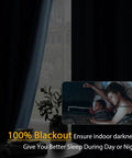 Dark Blue Blackout Linen Textured Curtains Set for Living Room and Bedroom, blocking sunlight, showing nighttime sleep scene